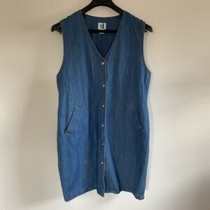 Vintage DJ Int'l Sz 14 Blue Denim Jumper Button Front Knee Length Y2K 90s Preppy